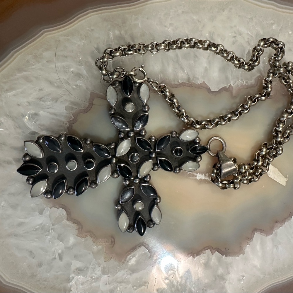 Taxco Onyx & moonstone silver cross on thick sterling silver chain 64 grams